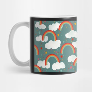 Clouds, rainbows and love hearts on a pink background Mug